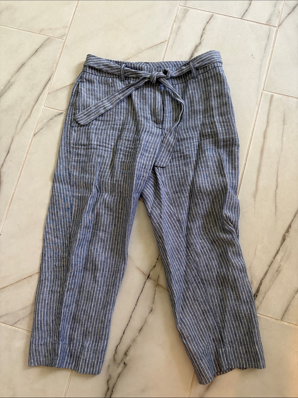 Women’s Chicos Blue Pinstripe Linen Blend Pants with Tie Waist